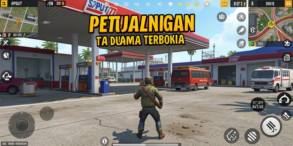 Tangkapan layar gameplay SPBU77 yang menampilkan dunia terbuka yang luas.