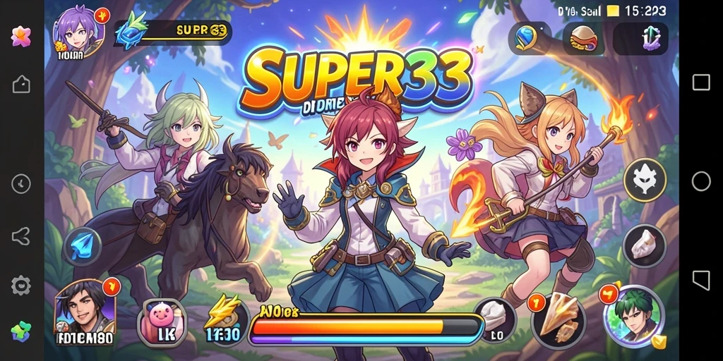 Tangkapan layar gameplay SUPER33 menampilkan aksi seru di dunia anime.